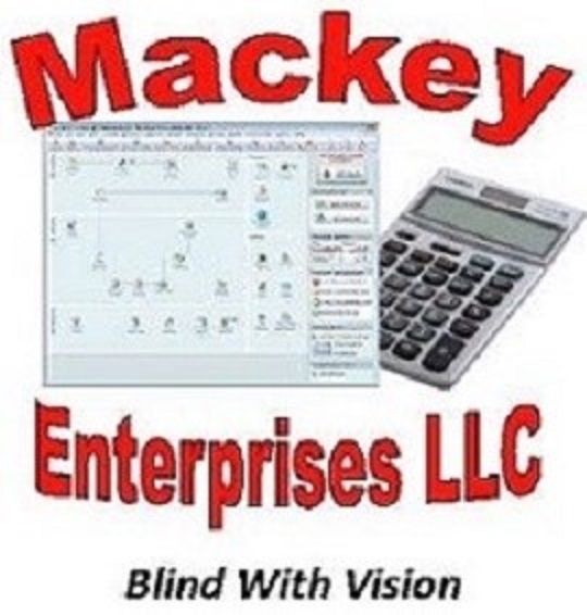 Mackey Enterprises LLC logo with red text, a calculator, and a financial software screenshot.