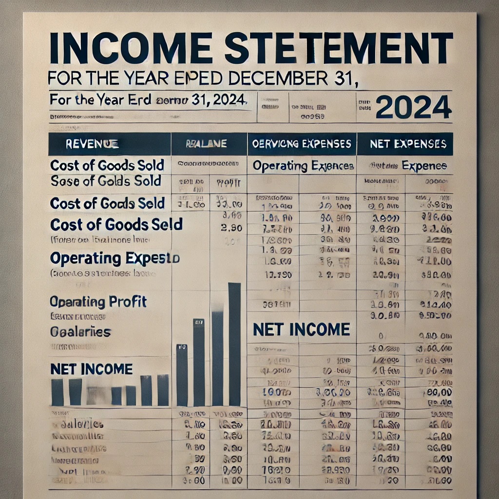 A professional-looking income statement for a fictional company. The statement includes a title 'Income Statement,' the company name 'Sample Business Inc.,' and the period 'For the Year Ended December 31, 2024.' It is structured with sections for 'Revenue' (including 'Sales' and 'Service Income'), 'Cost of Goods Sold (COGS),' 'Gross Profit,' 'Operating Expenses' (with items like 'Rent,' 'Salaries,' and 'Utilities'), and 'Net Income.' The layout is clean and financial-report styled, with aligned columns for 'Amount' and 'Total.'