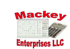 Mackey Enterprises, LLC logo with red text, a calculator, and a financial software screenshot.